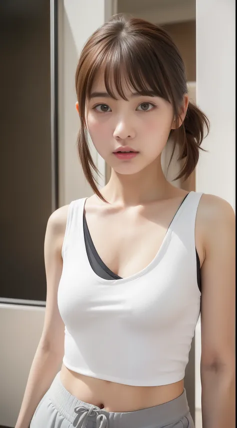 At the entrance of the apartment、((Wearing a white tank top:1.5))、((Bottoms wear gray urethane sports shorts:1.3))、(​masterpiece、top-quality) 、Soft lighting、absolutely outstanding image, very extremely beautiful、​masterpiece, top-quality,Photos, kawaii、(sm...