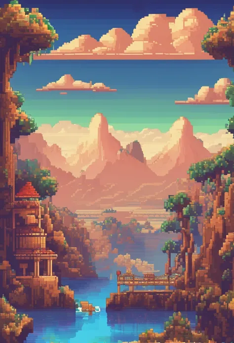 Pixel art tourism destination landscape. Evening. 3D pixel art 4K wallpaper. Incredible pixel art detail. Pixel art. Steam waves. Detailed Unreal Engine pixel art