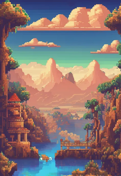 Pixel art tourism destination landscape. Evening. 3D pixel art 4K wallpaper. Incredible pixel art detail. Pixel art. Steam waves. Detailed Unreal Engine pixel art