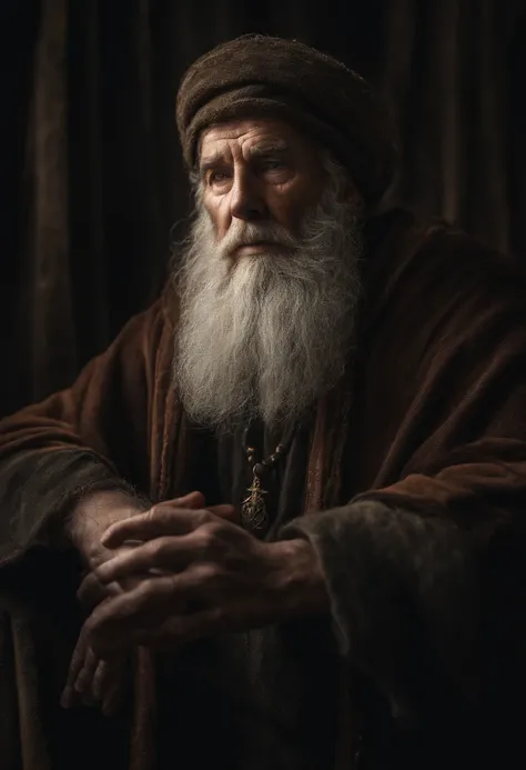 A portrait of a wizard, bearded, wrinkled, weathered, with piercing eyes, detailed face, high details, photography, dark studio, rim light, Nikon D850, 50mm, f/1.4