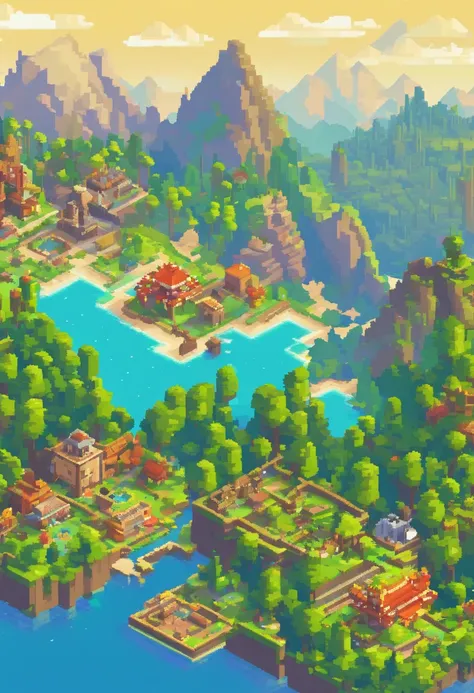 Pixel art tourism destination landscape. Morning. 3D pixel art 4K wallpaper. Incredible pixel art detail. Pixel art. Detailed Unreal Engine pixel art