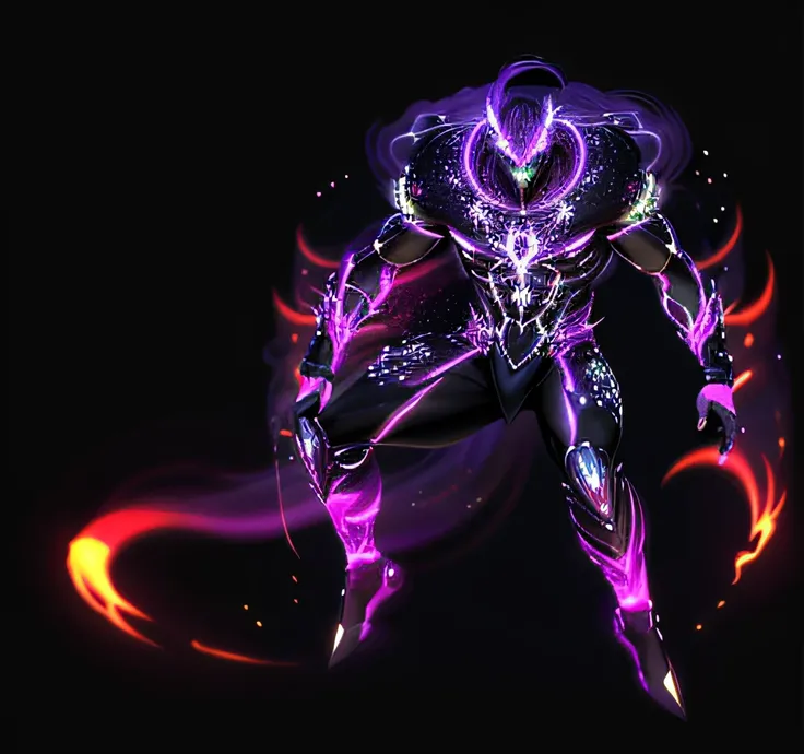 Close-up of a man in a purple shirt，Available in white and black designs, inverse dark glowing power aura, glowing guy creature, with glowing runes on the body, purple glowing core in armor, this character has cryokinesis, djinn man male demon, male djinn ...