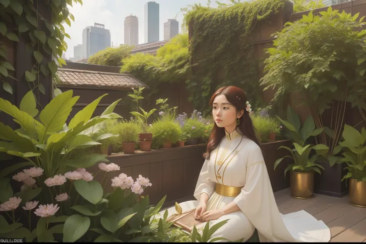 Marry the Pre-Raphaelite fascination for intricate details with a sunlit, diverse urban rooftop garden, where a solitary figure, an Asian artist, diligently tends to vibrant plants, surrounded by lush greenery and the citys skyline, creating a mesmerizing ...