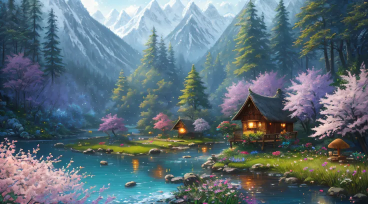 There is a hut under the big tree, beside of the stream, two boat in the water, mountain background, , flowers beside fence, masterpiece, best quality, high quality, extremely detailed CG unity 8k wallpaper, An enchanting and dreamy scene of a fantasy fore...