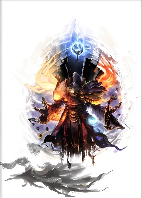 Arafad image of a man with fire and flame on his head, holy flame crown spell, evil sorcerer, black fire color reflected armor, firemage, colorful spells, flame spell, Cast multi-colored spells, flame conjuring armored, holy fire spell art, lich demon mage...