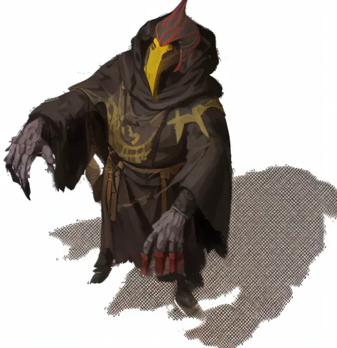 a close up of a person in a costume with a sword, kenku, skeksis, evil sorcerer, ganondorf, Known in life as Volyn, yellow-robed cultist, Cultists, dagoth ur, old male warlock, evil male sorcerer, venomous sorcerer, undead lich