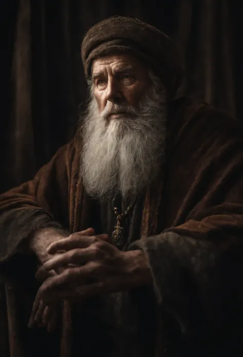 A portrait of a wizard, bearded, wrinkled, weathered, with piercing eyes, detailed face, high details, photography, dark studio, rim light, Nikon D850, 50mm, f/1.4