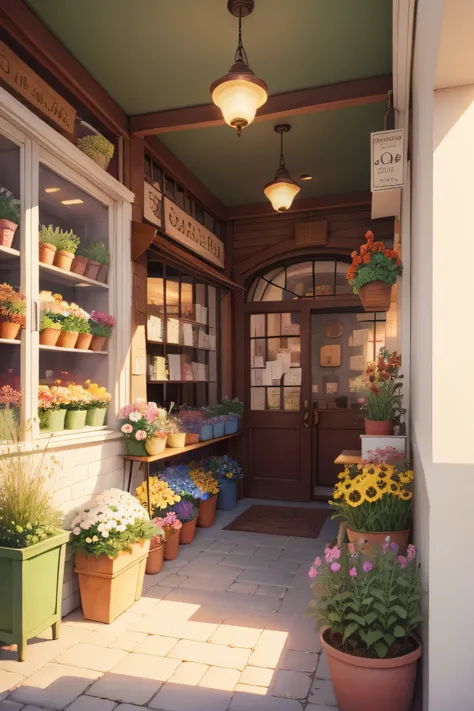 cartoon flower shop, watercolor