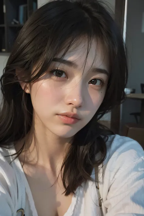 there is a woman with long hair and a white shirt, girl cute-fine-face, lovely delicate face, Young adorable Korean face, clear cute face, cute - fine - face, ulzzangs, Jinyoung Shin, Beautiful delicate face, small heart - shaped face, korean face features...