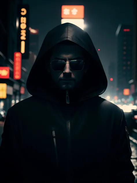 horror movie, 8k image quality, masterpiece, ultra clean image quality, super rich details, silhouette of a cold man in the dark, hooded, harsh features, sunglasses on face, nobody else, facing camera, shot full, illuminated night city background, ground l...