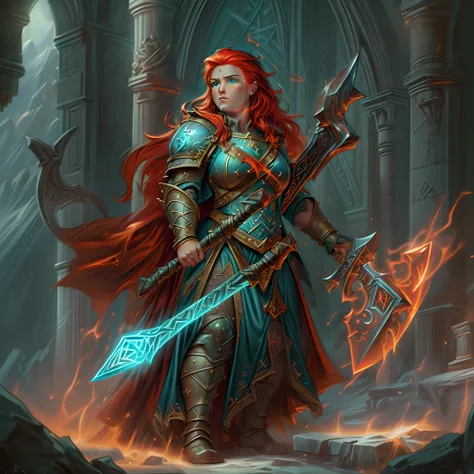 high details, best quality, 8k, [ultra detailed], masterpiece, best quality, (extremely detailed), dynamic angle, ultra wide shot, photorealistic, fantasy art, dnd art, rpg art, realistic art, an ultra wide picture of female dwarf cleric, holding axe with ...