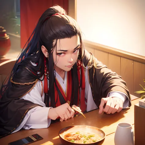 Chinese men，Long hair，Black hair，Bunched hair，Check Toyota，Half a ponytail，Deep eyes，Wear black Hanfu，Chinese black antique clothing，Look to the lens，Facing the camera squarely，full bodyesbian，Contour light，toplight，ssmile