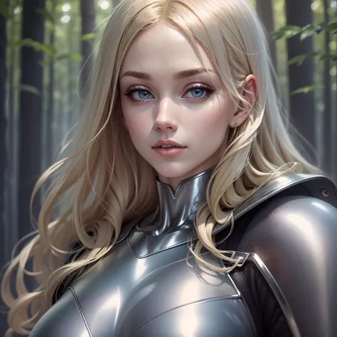 Blonde woman in silver body suit, the background is gallery forest, realistic, 8k --auto --s2