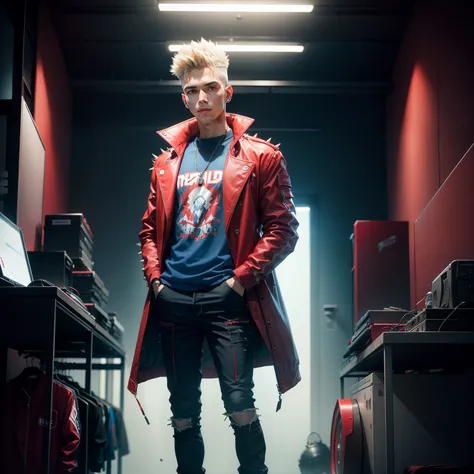 FelixGameVibeKingofBass with short spiky hair  in Studio show full body standing wearing red jacket blue shirt