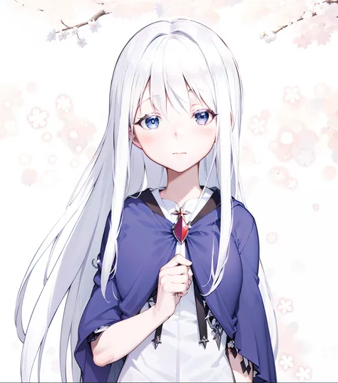 anime girl with long white hair and blue cape holding a red heart, white haired deity, girl with white hair, white haired lady, ...