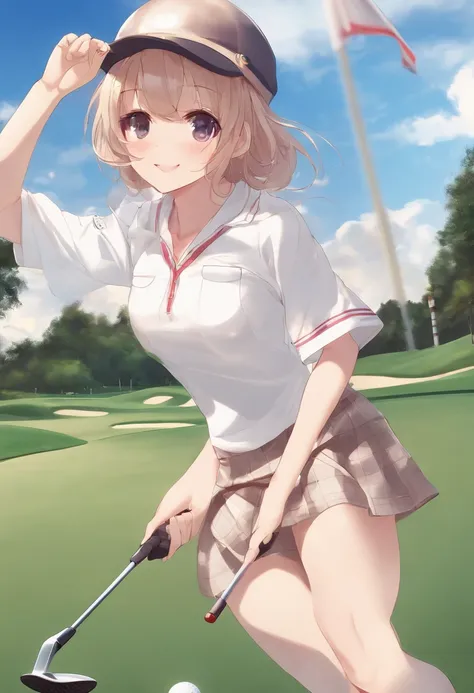 Anime Golf Girls、a miniskirt、2guys、a smile、leggy、low angles、golf course、