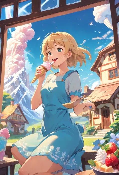 Illustration of a woman eating a house made of ice cream in a magical world. hyper sharp image, ultra detailed, 

The setting of the illustration is a magical world. It is a beautiful world where magical cloud-shaped clouds float in the sky and colorful fl...