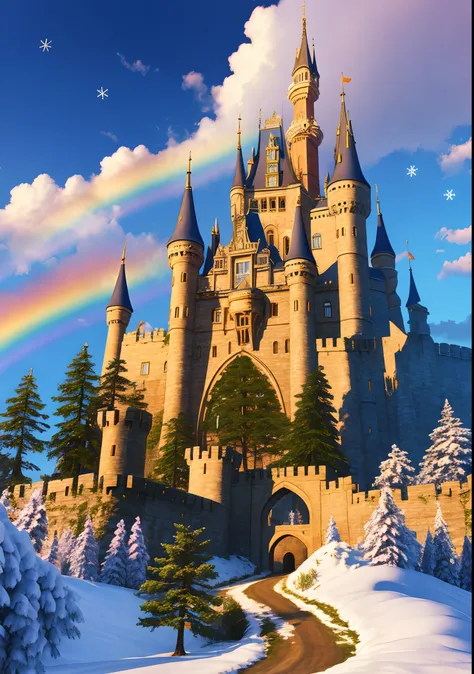 castle scene ,  Realistic Schoolgirl, visual novel cg, ( castle in background ),rainbow,fractal art,snow