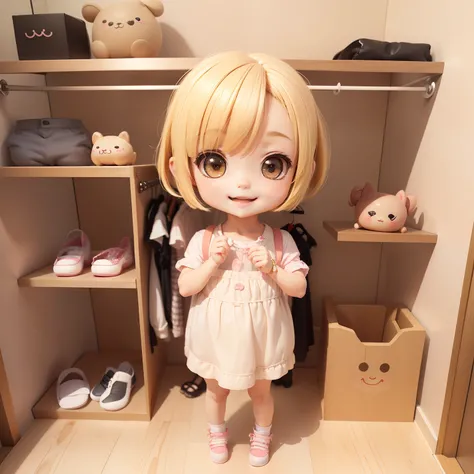 Cute Baby Chibi Anime、（((Chibi 3D）））（Best Quality），（masutepiece）、Chibi Walk-in Closet、fashion modell、Blonde bob hairstyle、Open your mouth and smile、a small face、Standing