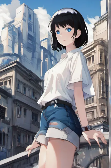 1girl, short black hair, blue eyes, wearing plain white shirt, denim shorts, city, absurdres, high res, ultrasharp, 8K, masterpiece, looking at viewer