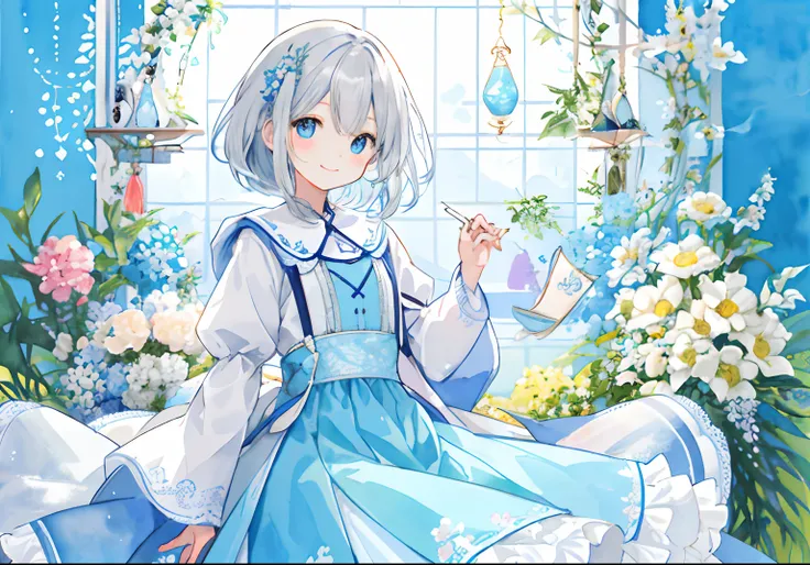 PastelColors:1.5)、(Cute illustration:1.5)、(watercolor paiting:1.2)、Light blue background、girl with、full body Esbian、A smile、Stranger、Pale yellow all over、Moya、marble、window、the reef、Little light around、Particles of light、Medium Hair, Grey Hair, Yellow eyes...