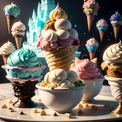(8k masterpiece, best quality:1.2) Imagine a mesmerizing (ice cream fantasy) beyond imagination. In this vivid and dreamlike world, every detail is a masterpiece. The landscape is a whimsical candy wonderland, ((with towering ice cream mountains)), rivers ...
