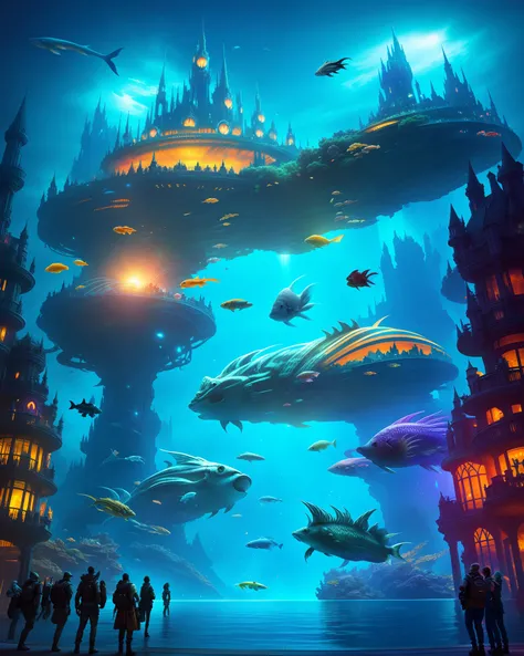 Fantasy concept art, a transparent building as a huge aquarium with fish at night, beautiful light decoration, wide angle lens, 8k octane rendering, realistic, epic shots, movie lighting, detailed architecture, detailed fish, brilliant and colorful