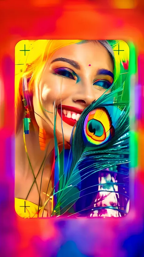 arafed woman with a peacock feather on her head and a red lipstick, * colour splash *, colorful photograph, colorful photo, portrait happy colors, girl with feathers, with a beautifull smile, dramatic smile pose intricate, face with artgram, taken in 2 0 2...