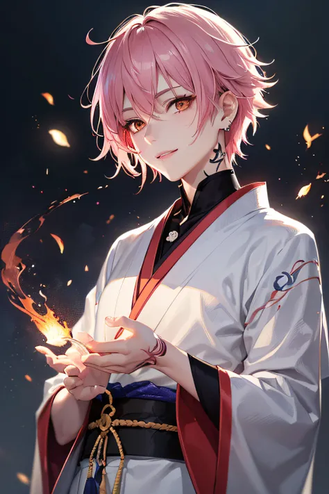 ember　male people　Very short　short-haired　Neckline trimming　White kimono　White Japanese Clothing((high detailing、Cinematic lighting))、Messy pink hair、Orange Eyes、Ray tracing、drop shadow、The upper part of the body、Looking at the camera、((Super Detail、Best Q...