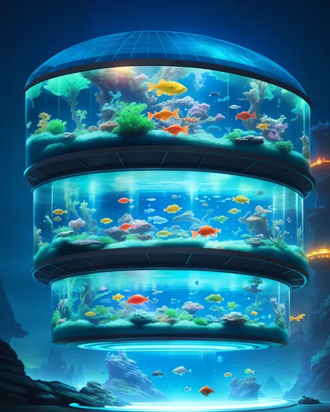 Fantasy concept art, a transparent building as a huge aquarium with fish at night, beautiful light decoration, wide angle lens, 8k octane rendering, realistic, epic shots, movie lighting, detailed architecture, detailed fish, brilliant and colorful