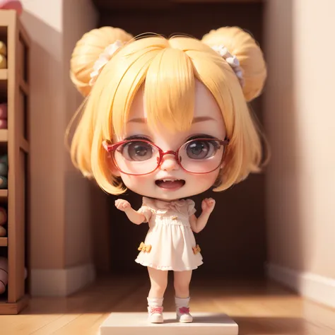 Cute Baby Chibi Anime、（((Chibi 3D）））（Best Quality），（masutepiece）、Chibi Glasses Shop、fashion modell、Blonde bob hairstyle、Open your mouth and smile、a small face、Standing、