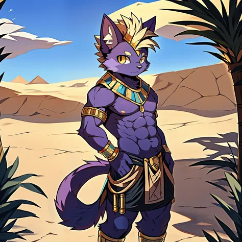 Best quality, Young, 15 year old, Furry, Solo, Male Cat: 1.5, Purple colored skin:1.3, Purple fur:1.3, Yellow eyes, Muscular body, Wearing Egyptian style costume, Standing in the Oasis of desert, Mohawk hair, Detailed fur, Detailed cloths, Furry animal ear...