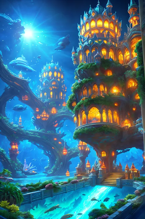 Fantasy concept art, a transparent palace as a huge aquarium with fish at night, world of water, beautiful light decoration, wide angle lens, 8k octane rendering, realistic, epic shots, movie lighting, detailed architecture, detailed fish, brilliant and co...