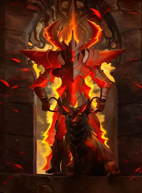 Close-up of fire demon holding a sword in Stone District, flame conjuring armored, ruler of inferno, black fire color reflected armor, fire demon, pyromancer, Diablo, fire giant, Demon armor, minotaur from path of exile, Diablo 2, Diablo 4, firemage, lord ...