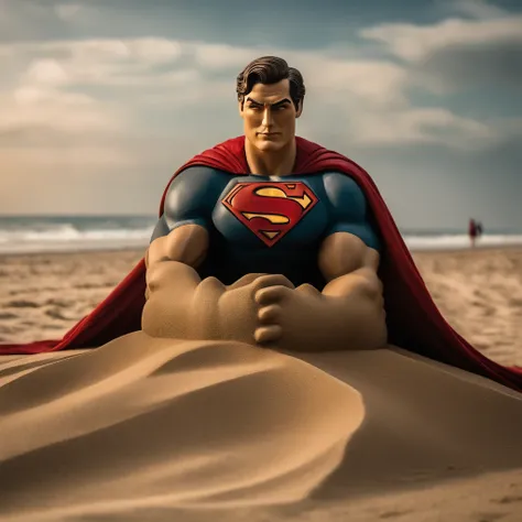 Sand statue on the beach in the shape of Superman , 8k, cinematic, vintage