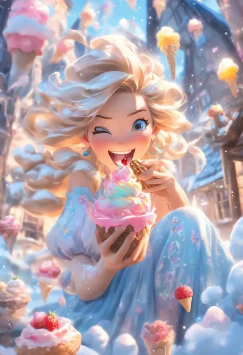 Illustration of a woman eating a house made of ice cream in a magical world. hyper sharp image, ultra detailed, 

The setting of the illustration is a magical world made of ice cream. It is a beautiful world where magical cloud-shaped clouds float in the s...