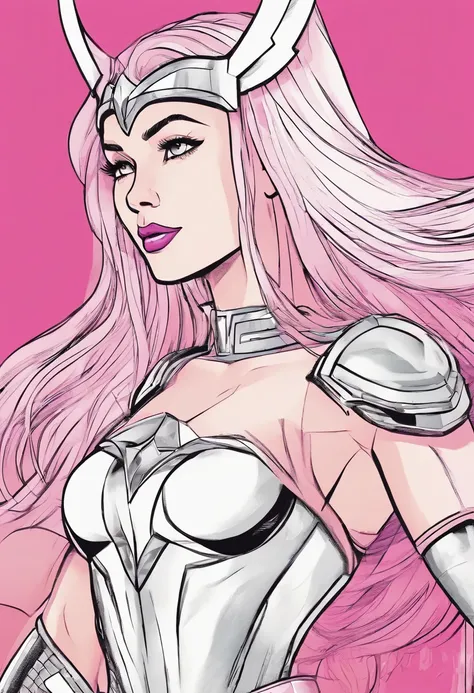 1girl,wonderful,cute (cher),mighty Thor,Marvel cineamtic universe,half body shot,Thor armor,,front stand,looking at camera,eye contact camera,minimalistic,line art, vector, svg, coloring book, coloring book page style, purple outline on pink