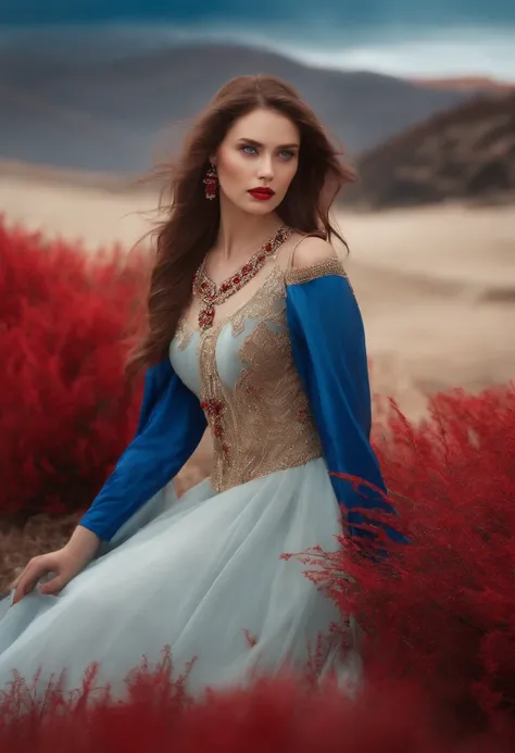 artificial girl warings long red hills beuty full red dress blue eyes red lips