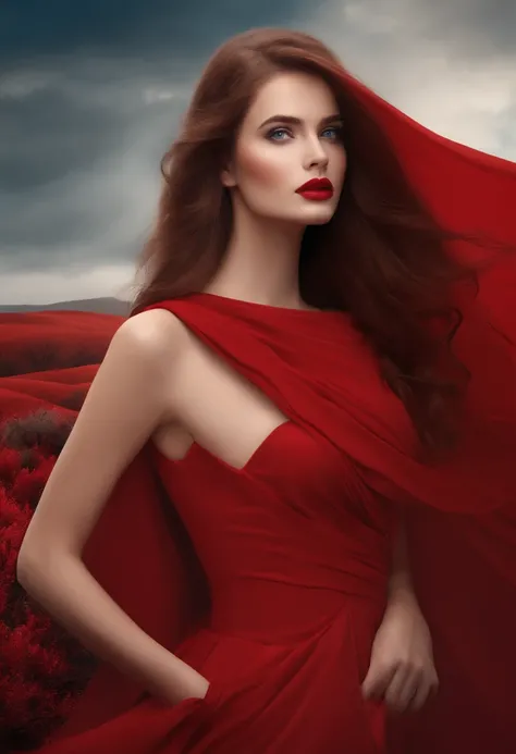 artificial girl warings long red hills beuty full red dress blue eyes red lips