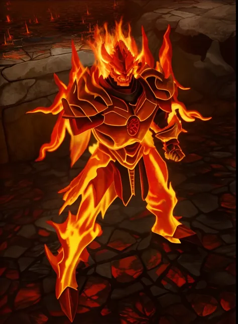 Close-up of fire demon holding a sword in Stone District, flame conjuring armored, ruler of inferno, black fire color reflected armor, fire demon, pyromancer, Diablo, fire giant, Demon armor, minotaur from path of exile, Diablo 2, Diablo 4, firemage, lord ...