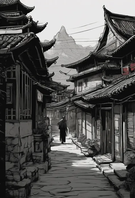 A village with a lot of houses, Chinese village, Old village, Village, Village in the background of old asian village, ancient city of white stone, qiangshu, Village neo-black style, beaten tech. neo noir style, neo noir style, drawn in a neo - noir style,...