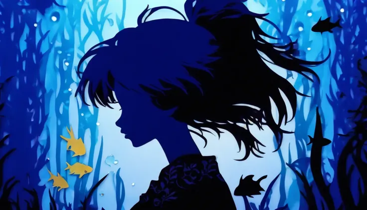 (Silhouette Art,cutouts:1.6)
(((Paper cutting art,A world where only black exists:1.3)

(Cowboy Shot),1 girl,Solo,
(Kimono Girl,profile:1.2),white, Clear and beautiful face,

BREAK
(Aquarium with blue fish swimming)
Textured glass background,