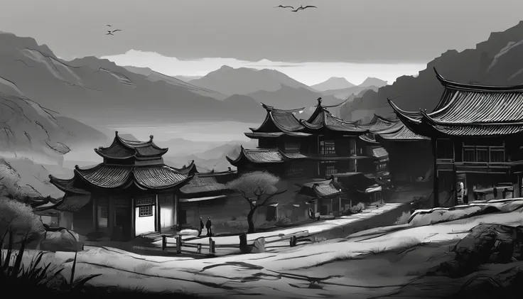 A Chinese-style village in black and white，Asian Village, Field landscape, quaint village, old village in the distance, small village, neo noir style, neo noir style, drawn in a neo - noir style，Black environment, drawn in a noir style