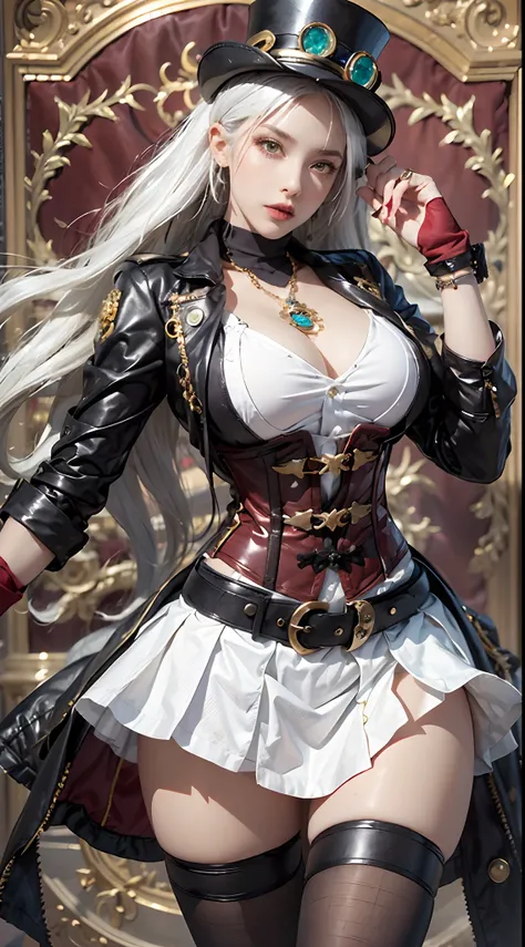 Photorealistic, high resolution, 1 woman, Hips up, Beautiful eyes, Long hair, ringed eyes, jewelry, tattoo, white hair,skirt, thighhighs, hat, jewelry, white hair, boots, belt, lips, zettai ryouiki, thigh boots, corset, top hat, steampunk, steampunk_costum...