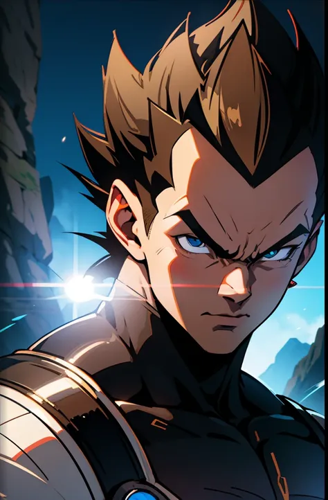 Vegeta; (((Best quality))) masterpiece vector illustration; anime character in sharp focus; detailed and vibrant anime face;  character design; beautiful and vibrant digital art, hyperdetailed; overexaggerated features; Dynamic Lighting; Volumetric Lightin...