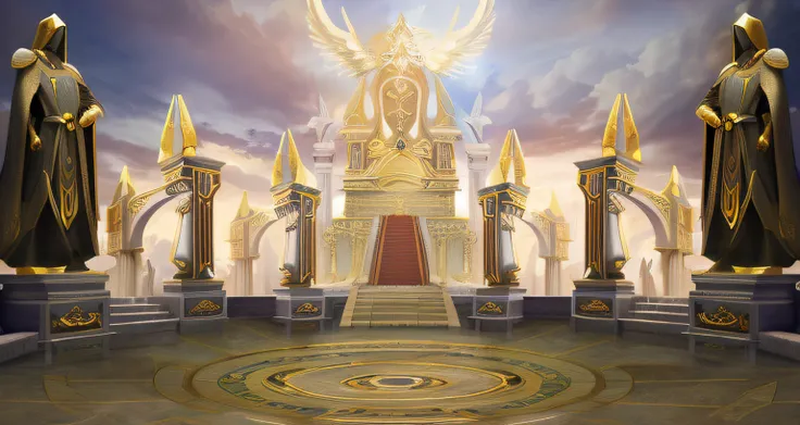 there are statues of angels in a large room with a sky background, palace background, light kingdom backdrop, arena background, Temple background, throne of olympus, Golden throne, odins stone arena background, stunning arcanum backdrop, gold throne, Thron...