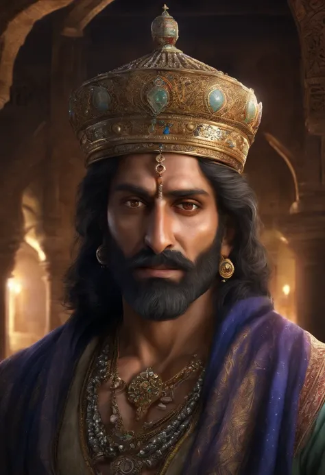 Mughal king, has a big scar on his left eye, five foot seven inch height, strongly built, dark complexion, man around 45 years old, natural black hair, distinctive blue eyes, wearing a kings cloths, slender and graceful, beautiful, candlelight in a medieva...