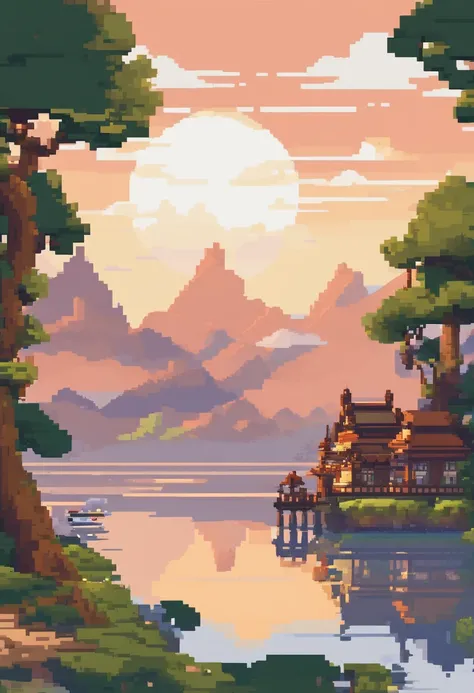 Genshin Pixel Art Tourism destination landscape. Morning. 3D pixel art 4K wallpaper. Incredible pixel art detail. Pixel art. Detailed Unreal Engine pixel art