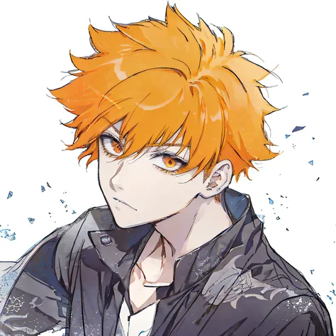 Anime boy with orange hair and black jacket looking at the camera, Ichigo Kurosaki, orange - haired anime boy, ichigo, kentaro miura manga art style, kentaro miura art style, joker looks like naruto, kentaro miura manga style, toru narita, bleach manga sty...