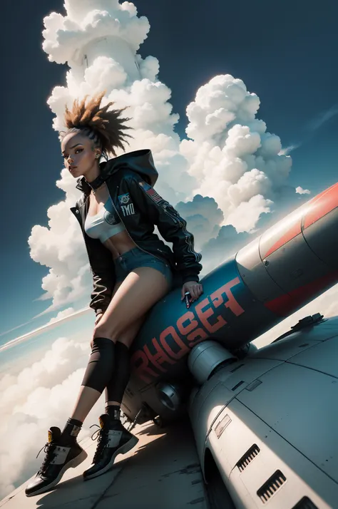 rocket sci fi female fashion model in style of Jean-Michel Basquiat flying in the clouds